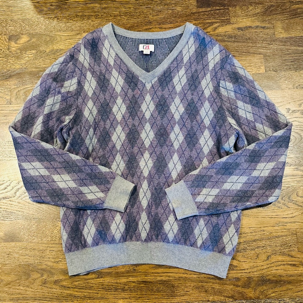 Cutter & Buck V-Neck Argyle Sweater Gray Purple Cotton Nylon Silk Blend Men's L